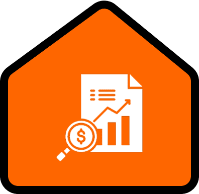 Orange house-shaped icon with a document showing a graph, a dollar sign, and a magnifying glass, representing financial analysis or real estate investment.