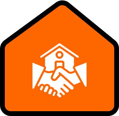 White handshake and house icon inside an orange house-shaped outline, representing real estate agreement or partnership.